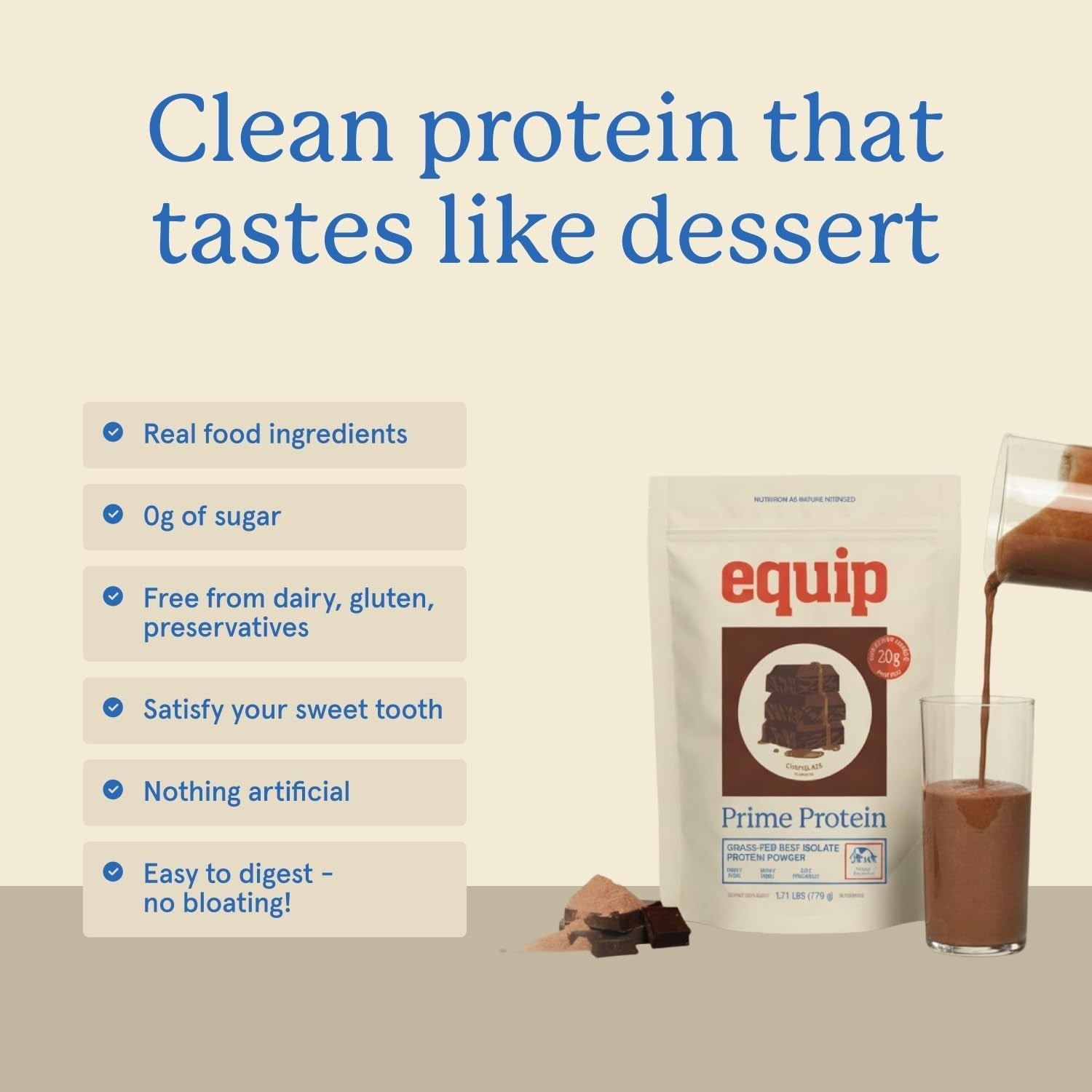Equip Foods Prime Protein Powder | Clean Grass Fed Beef Protein Powder | Keto Friendly Carnivore Protein Isolate | Gluten & Dairy Free | Helps Build & Repair Tissue | 30 Servings, Chocolate (No Sugar)
